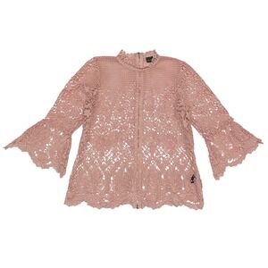Women's Pink Crochet Floral Bell Sleeve Top M Fairy Coquette Feminine